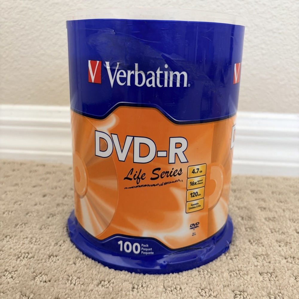 VERBATIM Life Series 16X Recordable DVD-R DVDR 4.7GB Branded Logo Disc 100 pack